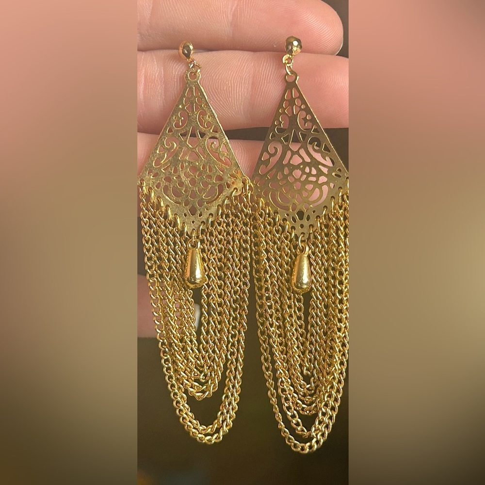 Vintage Gold Filigree Fringe Chandelier Earrings Boho Statement Gold Earrings - Picture 2 of 5